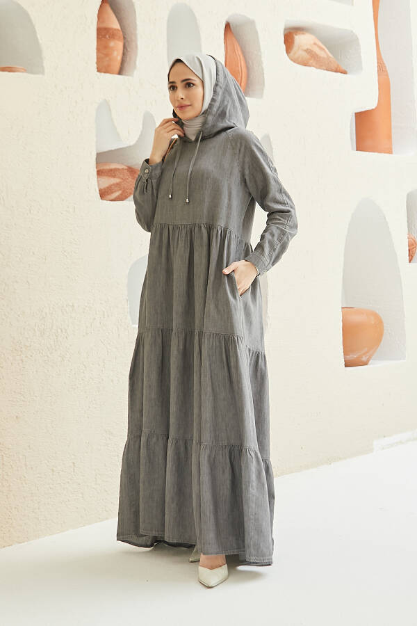 6531-Denim Kapşonlu Reglan Kollu Elbise Gri