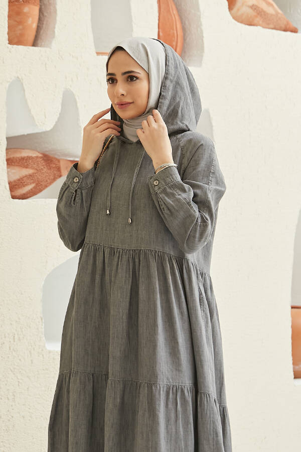 6531-Denim Kapşonlu Reglan Kollu Elbise Gri