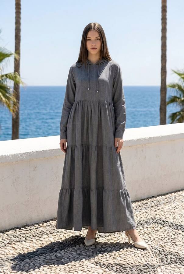 6531-Denim Kapşonlu Reglan Kollu Elbise Gri