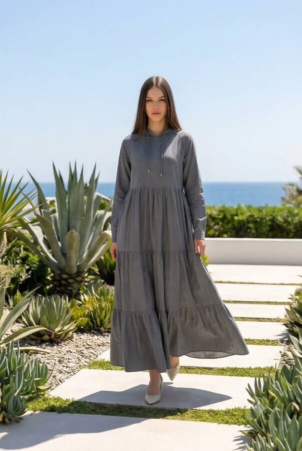 6531-Denim Kapşonlu Reglan Kollu Elbise Gri