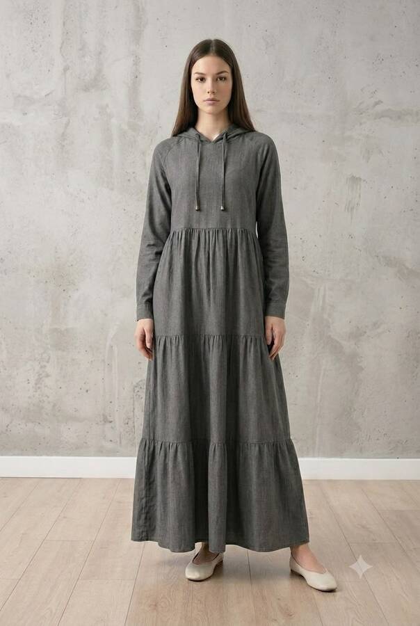 6531-Denim Kapşonlu Reglan Kollu Elbise Gri