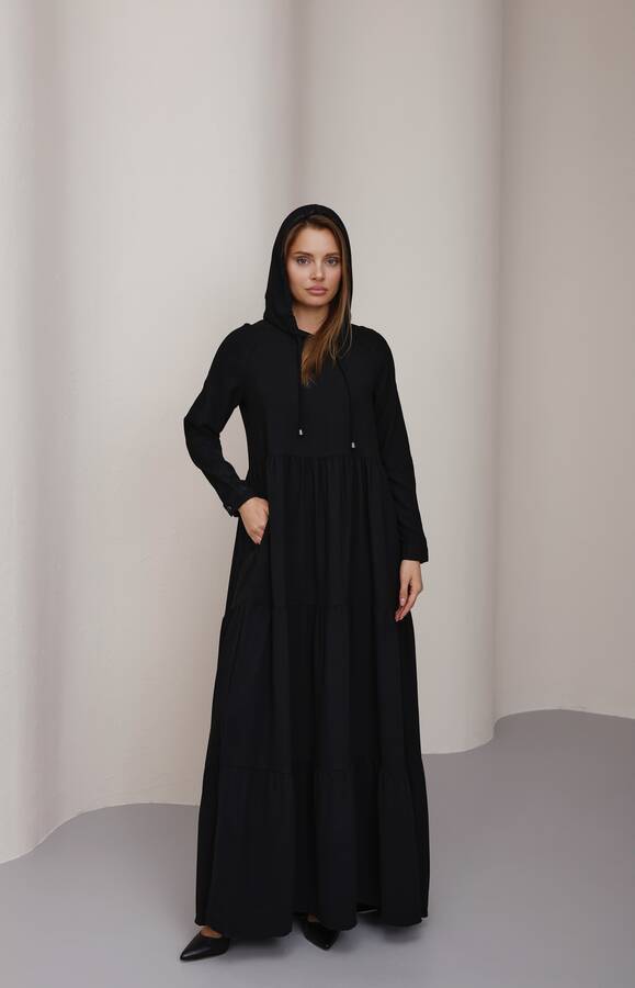 6531-Krep Kapşonlu Reglan Kollu Elbise Siyah