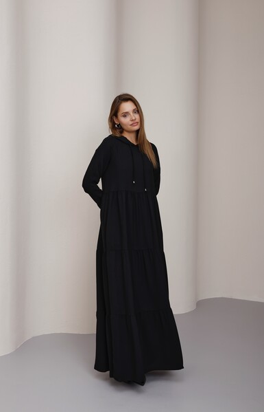 Neways - 6531-Krep Kapşonlu Reglan Kollu Elbise Siyah