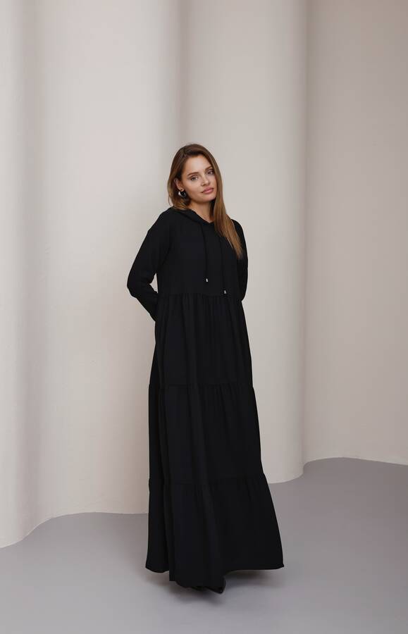 6531-Krep Kapşonlu Reglan Kollu Elbise Siyah