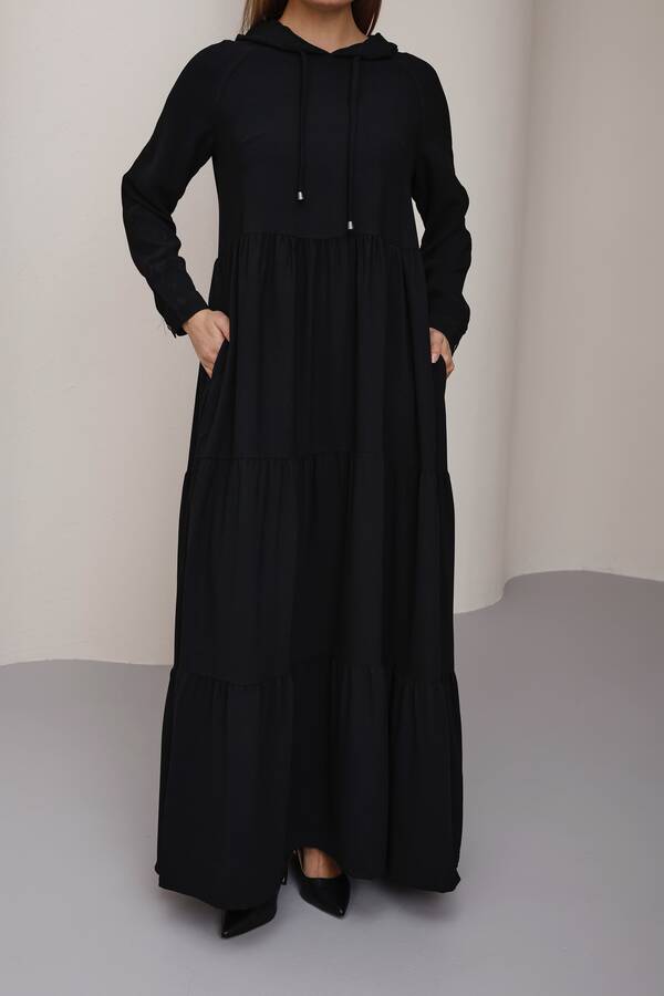 6531-Krep Kapşonlu Reglan Kollu Elbise Siyah