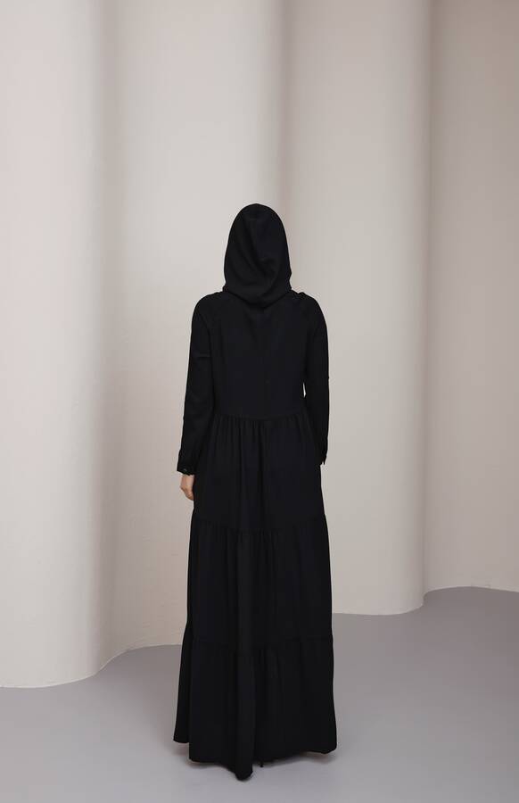 6531-Krep Kapşonlu Reglan Kollu Elbise Siyah