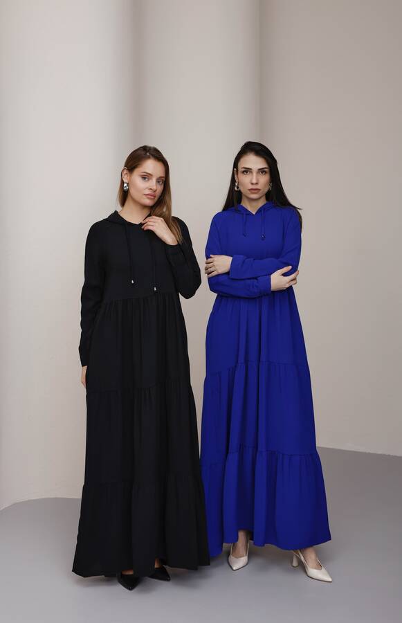 6531-Krep Kapşonlu Reglan Kollu Elbise Siyah