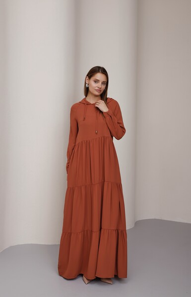 Neways - 6531-Krep Kapşonlu Reglan Kollu Elbise Taba