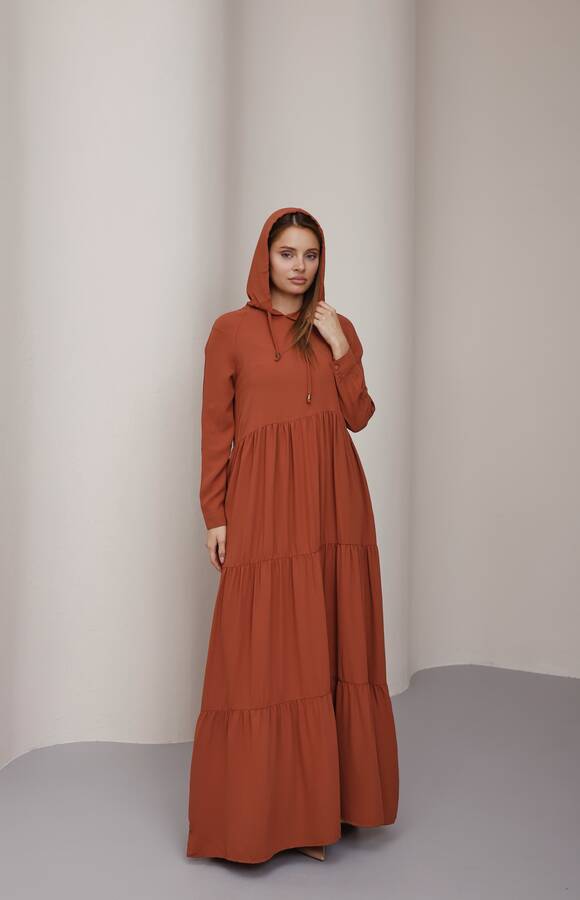 6531-Krep Kapşonlu Reglan Kollu Elbise Taba