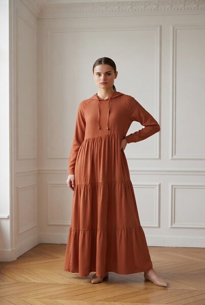 Neways - 6531-Krep Kapşonlu Reglan Kollu Elbise Taba