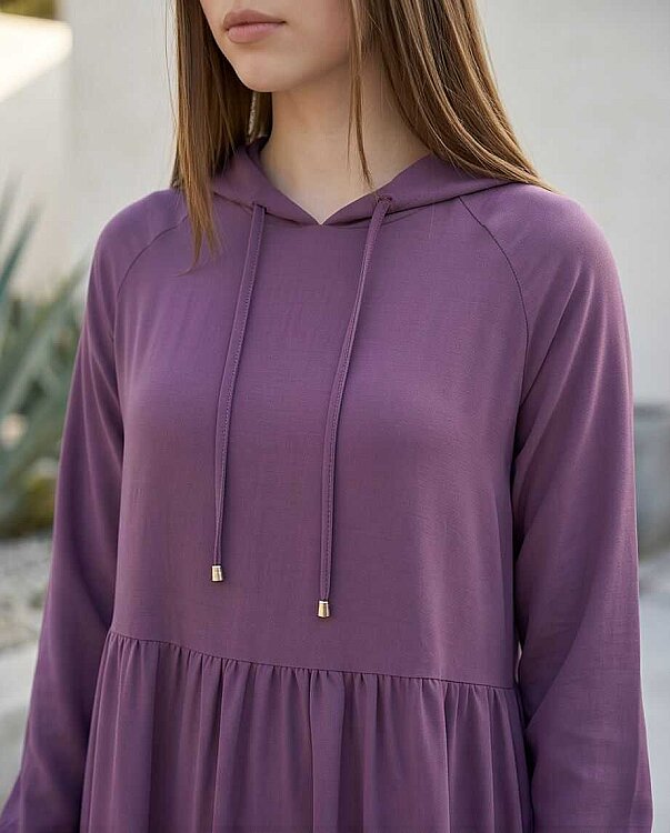 6531-Krep Kapşonlu Reglan Kollu Elbise Koyu Lila - 5