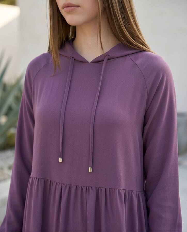 6531-Krep Kapşonlu Reglan Kollu Elbise Koyu Lila
