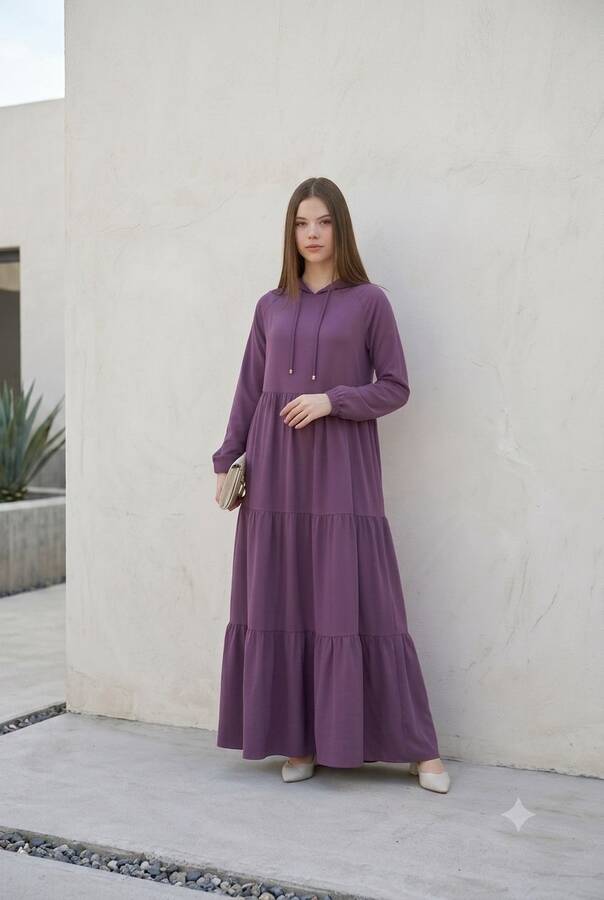 6531-Krep Kapşonlu Reglan Kollu Elbise Koyu Lila