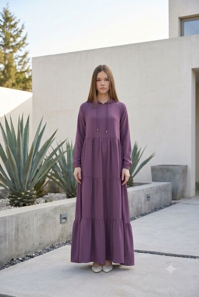 Neways - 6531-Krep Kapşonlu Reglan Kollu Elbise Koyu Lila