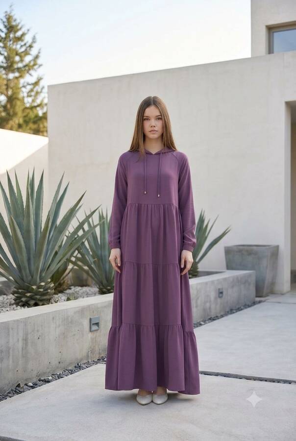6531-Krep Kapşonlu Reglan Kollu Elbise Koyu Lila