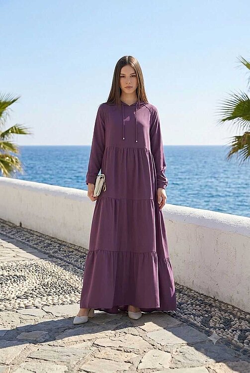 6531-Krep Kapşonlu Reglan Kollu Elbise Koyu Lila - 2