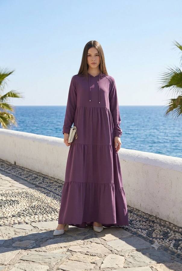 6531-Krep Kapşonlu Reglan Kollu Elbise Koyu Lila