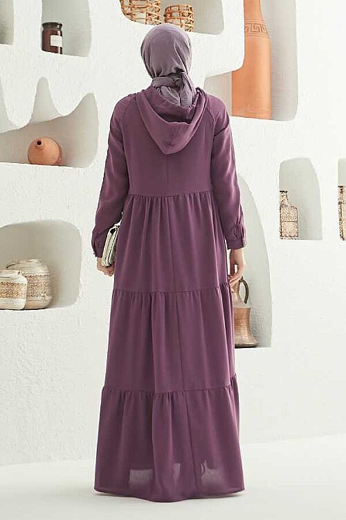 6531-Krep Kapşonlu Reglan Kollu Elbise Koyu Lila - 9