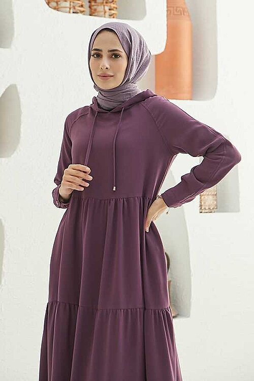 6531-Krep Kapşonlu Reglan Kollu Elbise Koyu Lila - 8