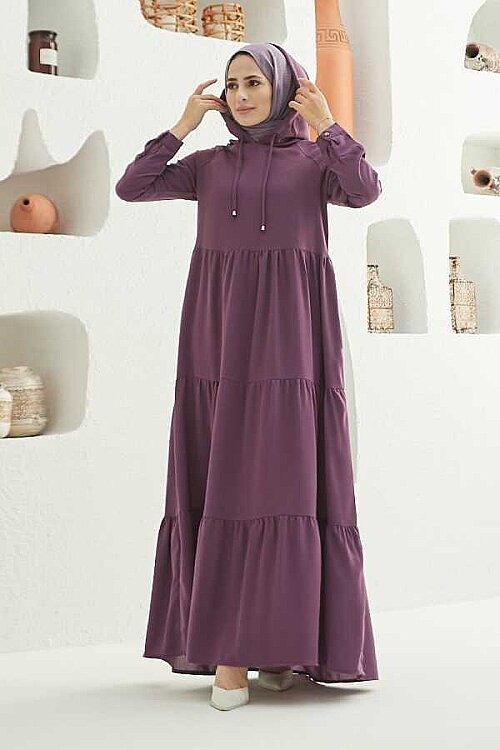 6531-Krep Kapşonlu Reglan Kollu Elbise Koyu Lila - 7