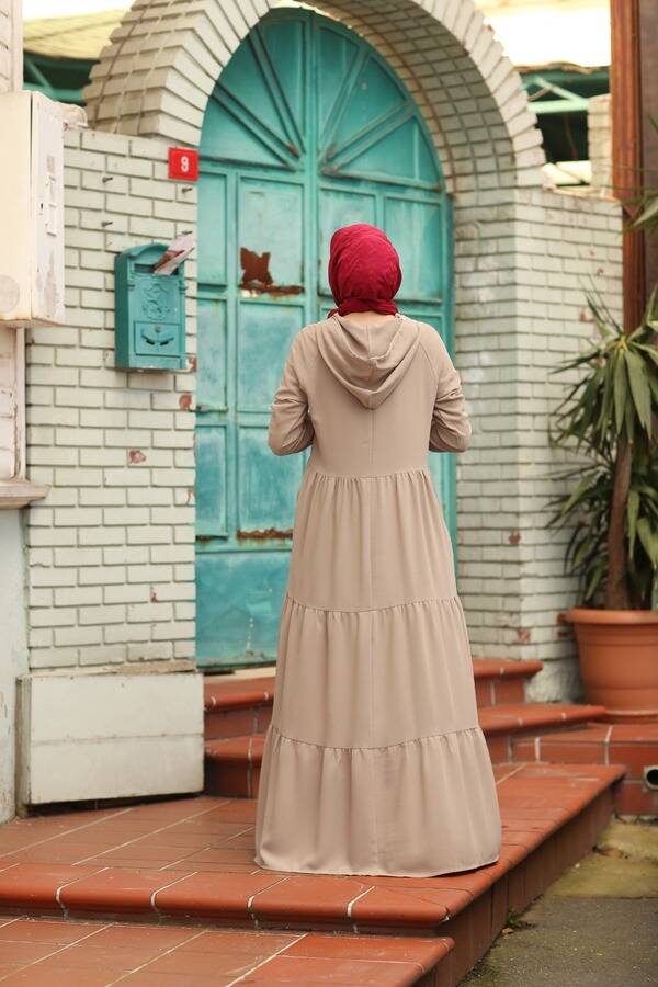 6531-Krep Kapşonlu Reglan Kollu Elbise Bej