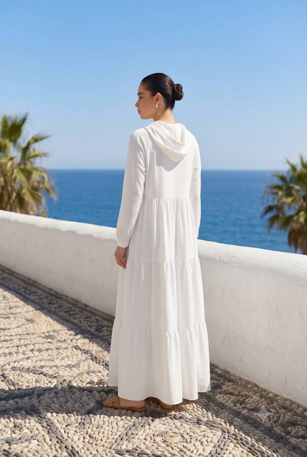6531-Krep Kapşonlu Reglan Kollu Elbise Beyaz