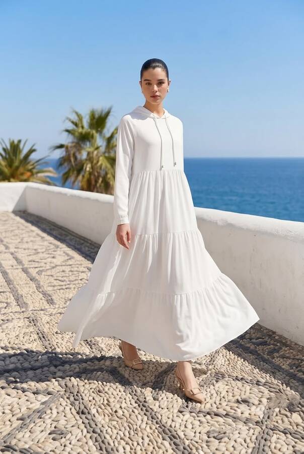 6531-Krep Kapşonlu Reglan Kollu Elbise Beyaz