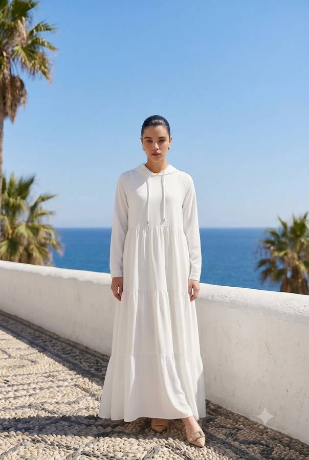 6531-Krep Kapşonlu Reglan Kollu Elbise Beyaz
