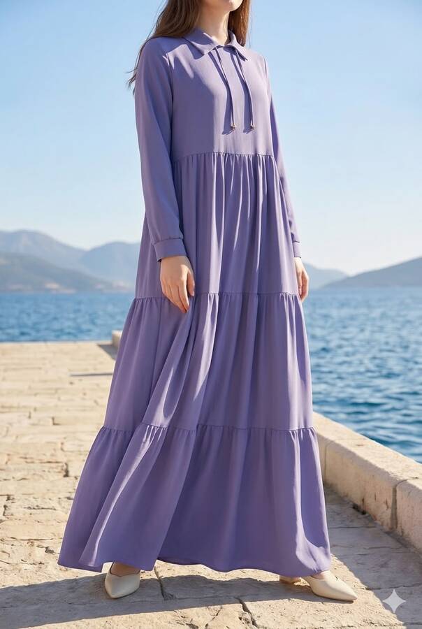 6531-Krep Kapşonlu Reglan Kollu Elbise Eflatun