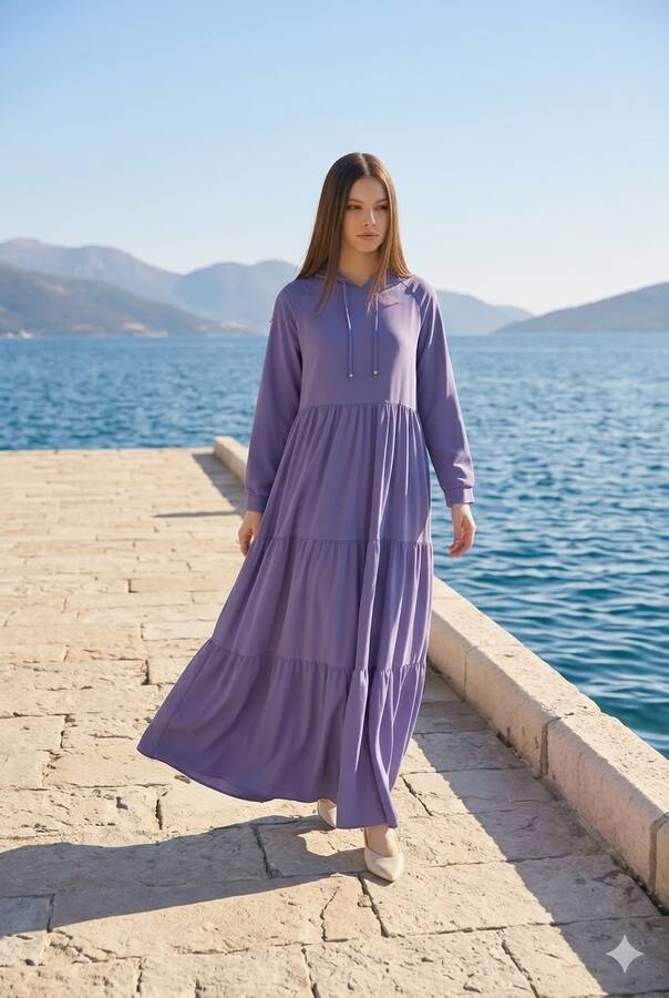 6531-Krep Kapşonlu Reglan Kollu Elbise Eflatun