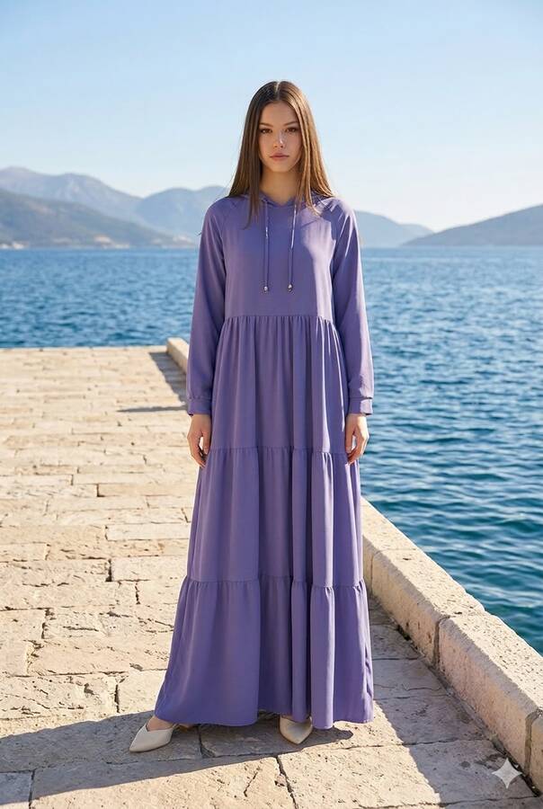 6531-Krep Kapşonlu Reglan Kollu Elbise Eflatun