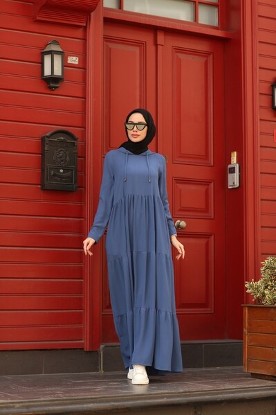 Neways - 6531-Krep Kapşonlu Reglan Kollu Elbise İndigo