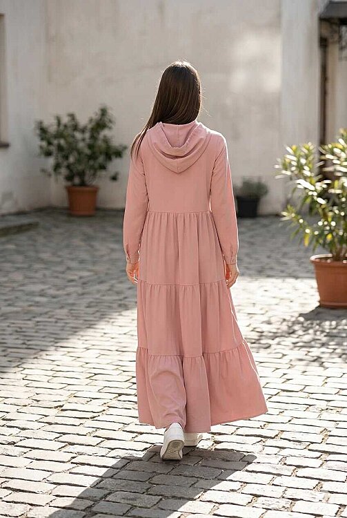 6531-Krep Kapşonlu Reglan Kollu Elbise Pudra - 4