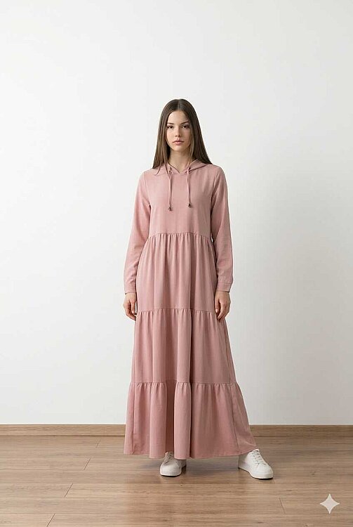 6531-Krep Kapşonlu Reglan Kollu Elbise Pudra - 3