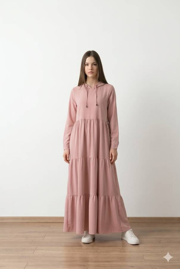 6531-Krep Kapşonlu Reglan Kollu Elbise Pudra