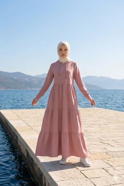Neways - 6531-Krep Kapşonlu Reglan Kollu Elbise Pudra