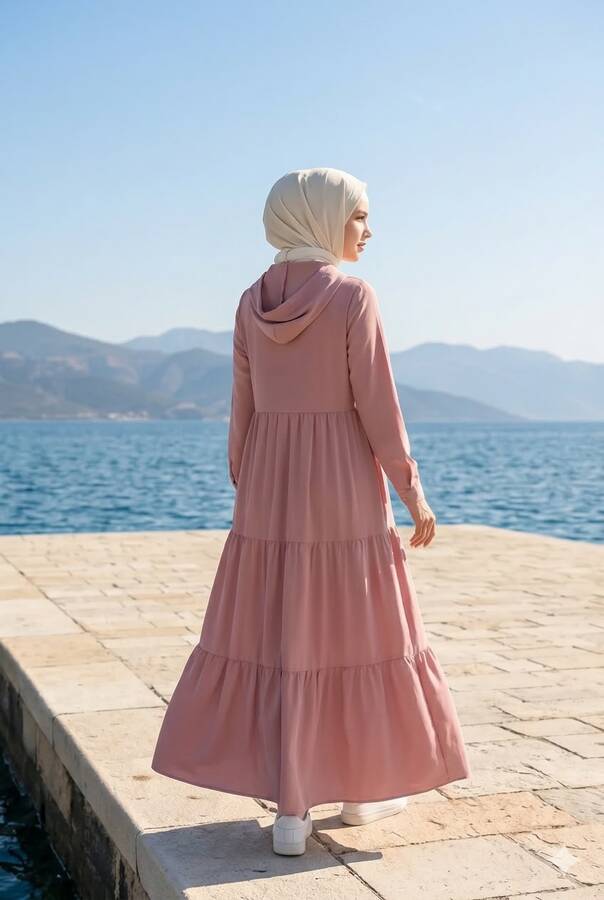 6531-Krep Kapşonlu Reglan Kollu Elbise Pudra