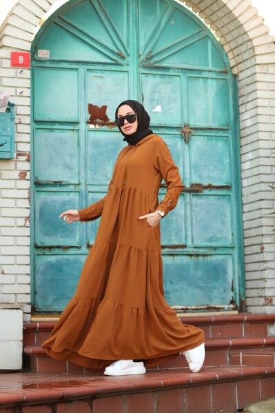 Neways - 6531-Krep Kapşonlu Reglan Kollu Elbise Tarçın