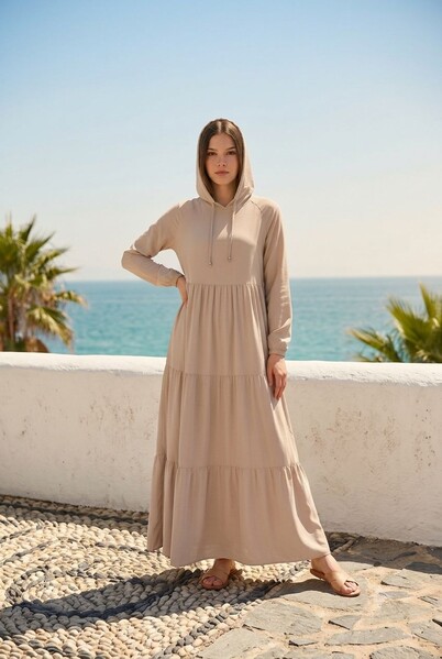 Neways - 6531-Krep Kapşonlu Reglan Kollu Elbise Taş