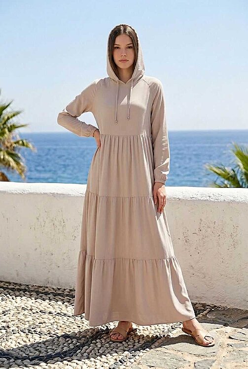 6531-Krep Kapşonlu Reglan Kollu Elbise Taş - 5