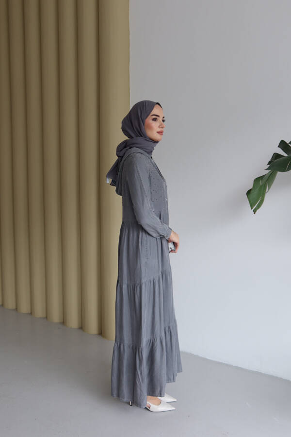 6531-Taşlı Tensel Kapşonlu Reglan Kollu Elbise Gri
