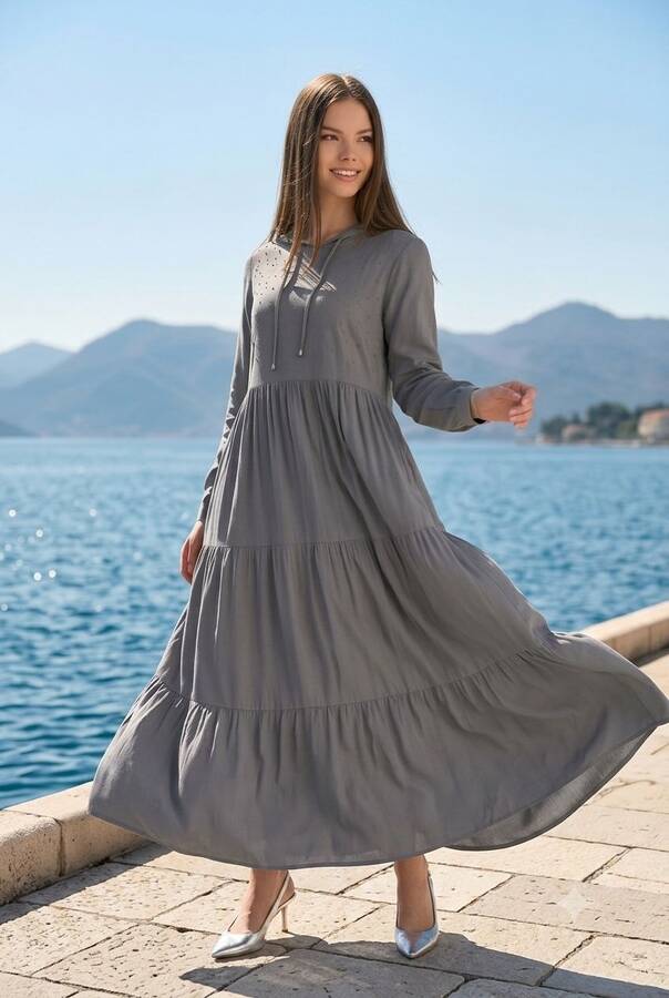 6531-Taşlı Tensel Kapşonlu Reglan Kollu Elbise Gri