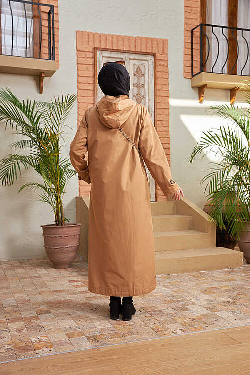 6538-Kürklü Trençkot Camel - 2