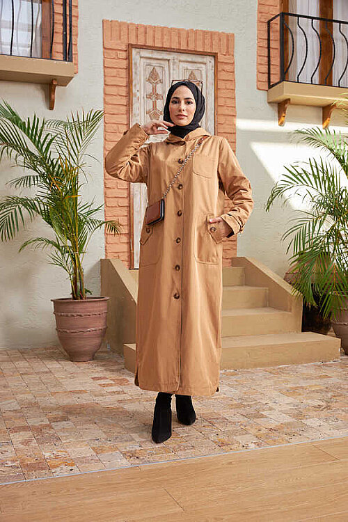 6538-Kürklü Trençkot Camel - 5