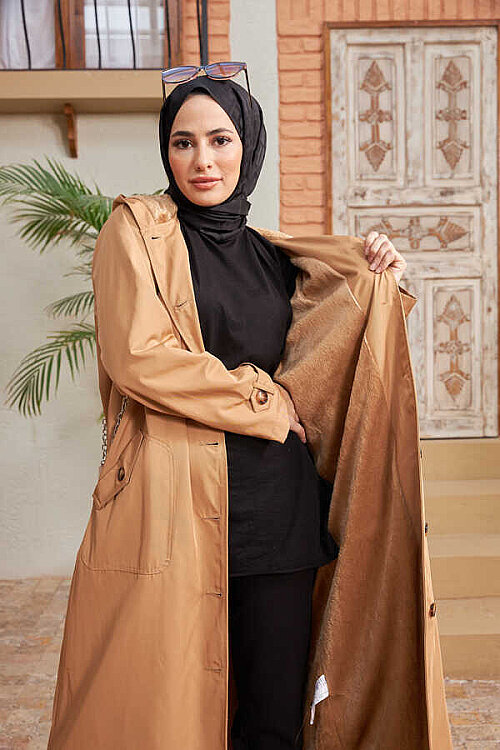 6538-Kürklü Trençkot Camel - 4