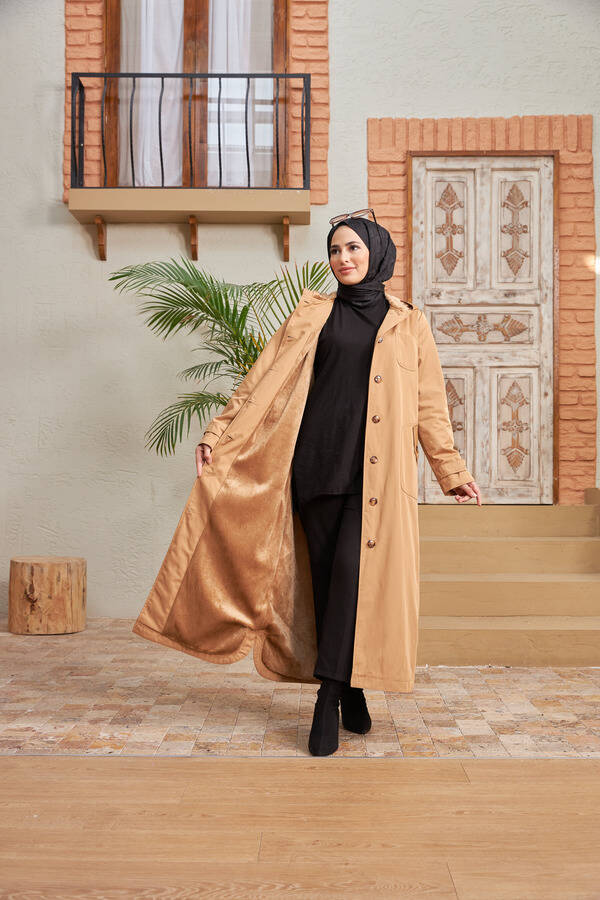 6538-Kürklü Trençkot Camel