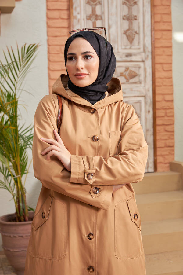 6538-Kürklü Trençkot Camel