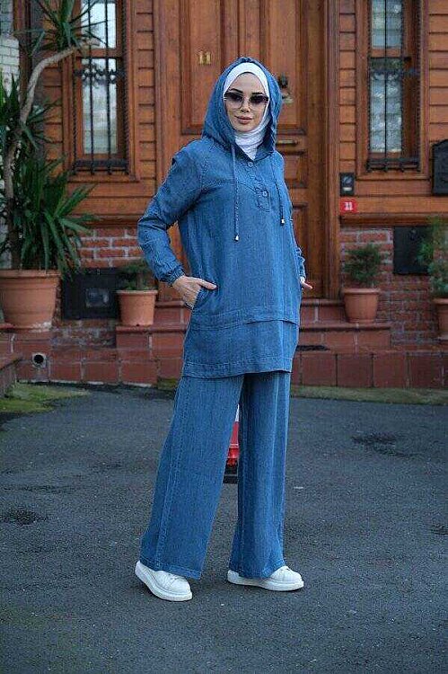 6540-Denim Tensel İkili Takım Koyu Mavi - 2