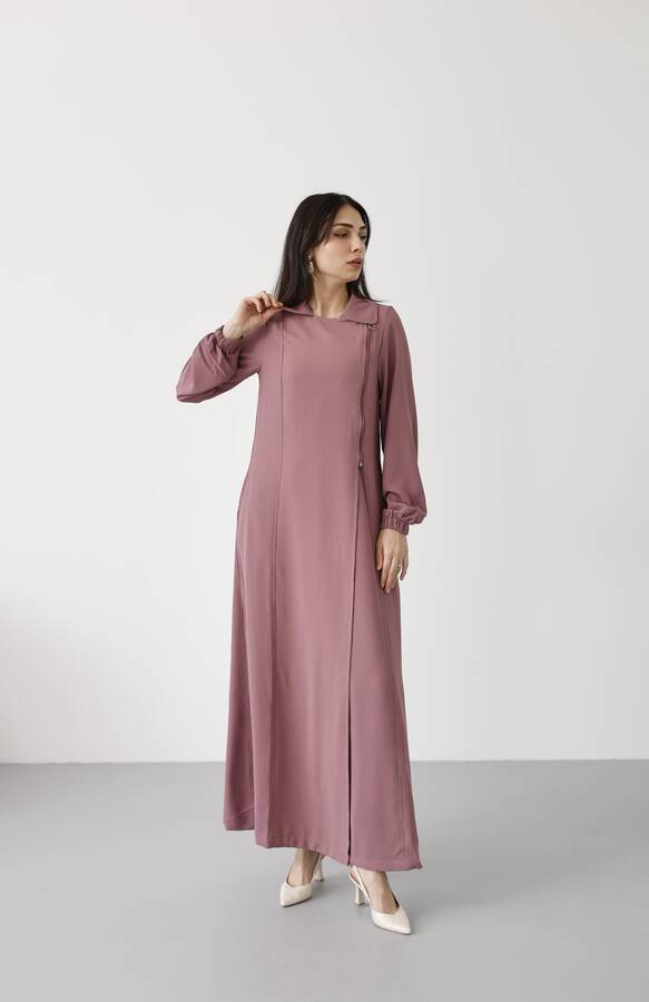 6541-Krep Yan Fermuarlı Ferace Gül Kurusu