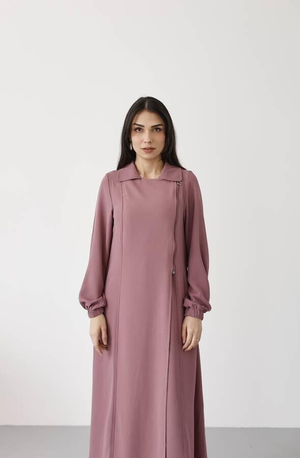 6541-Krep Yan Fermuarlı Ferace Gül Kurusu